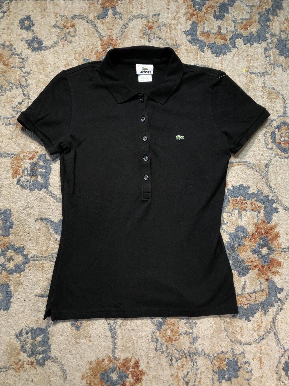 Lacoste Polo Shirt Womens 40 Black Slim Fit Short Sleeve Croc Logo Knit Casual - Picture 5 of 10